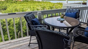 Terraza con mobiliario de mimbre y una mesa de vidrio, con vista a un cuerpo de agua y follaje.