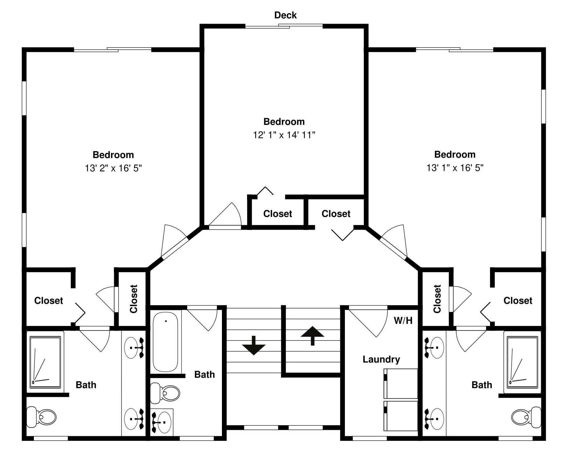 A floor plan with three bedrooms, two bathrooms, a laundry area, and closets.