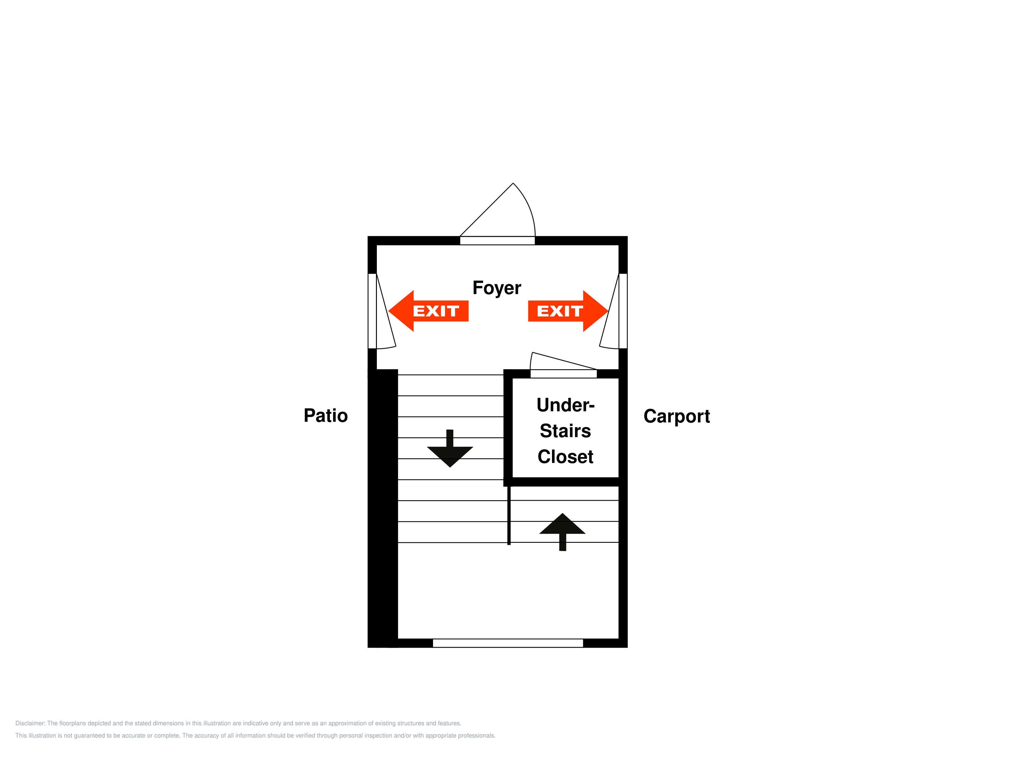 A floor plan with an exit, foyer, patio, under-stairs closet, and carport.