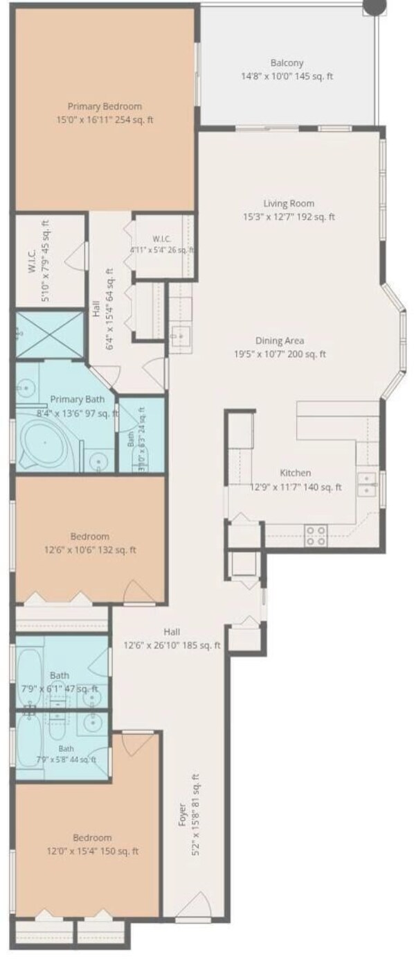 A floor plan with a primary bedroom, living room, dining area, kitchen, and two bathrooms. - Atlantic Villas 402 (New Smyrna Beach)