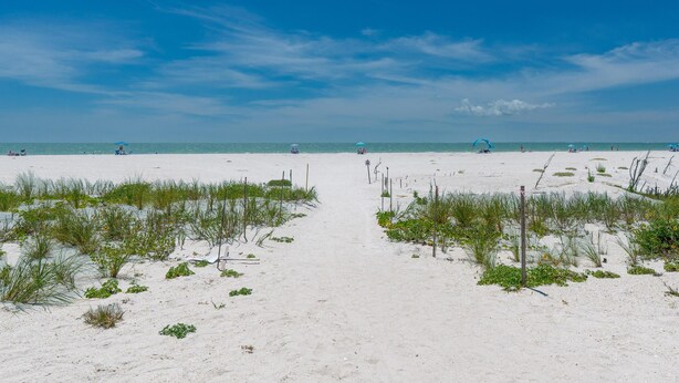A beach path leading to the ocean with sparse vegetation and a clear sky. - Island Paradise 6 (Fort Myers Beach)