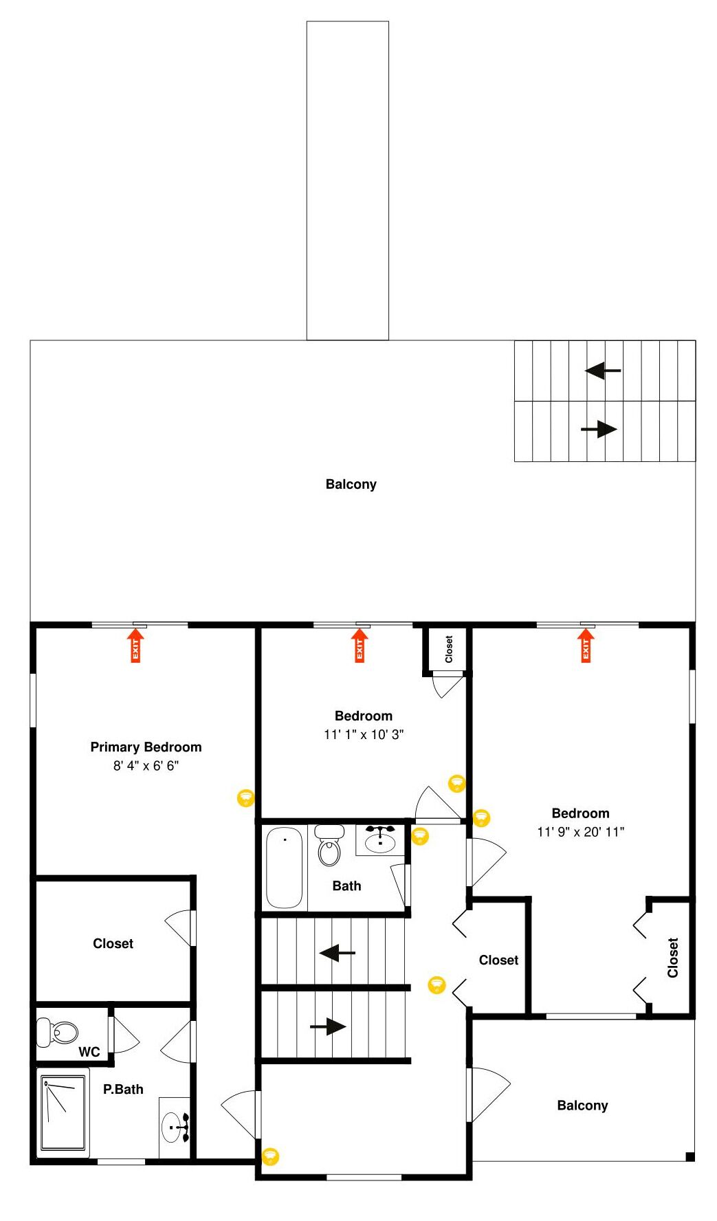 A floor plan with a primary bedroom, two smaller bedrooms, a bathroom, a closet, and a balcony.