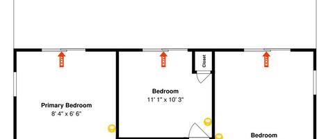 A floor plan with a primary bedroom, two smaller bedrooms, a bathroom, a closet, and a balcony.