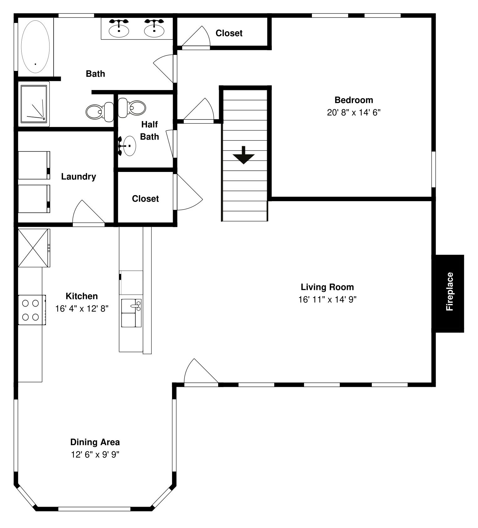 A floor plan with a bedroom, living room, dining area, kitchen, and bathroom.