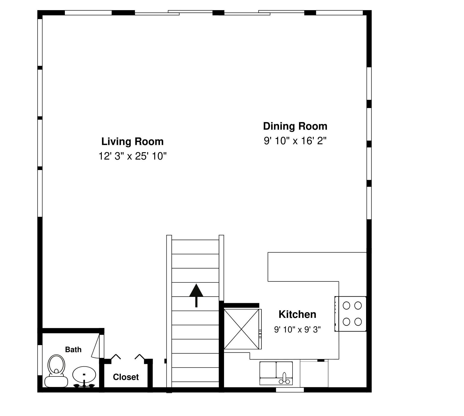 A floor plan of a house with a living room measuring 12' 3" x 25' 10", a dining room measuring 9' 10" x 16' 2", and a kitchen measuring 9' 10" x 9' 3".