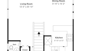 A floor plan of a house with a living room measuring 12' 3" x 25' 10", a dining room measuring 9' 10" x 16' 2", and a kitchen measuring 9' 10" x 9' 3". - Luna Escape by Topsail Realty (Holly Ridge)