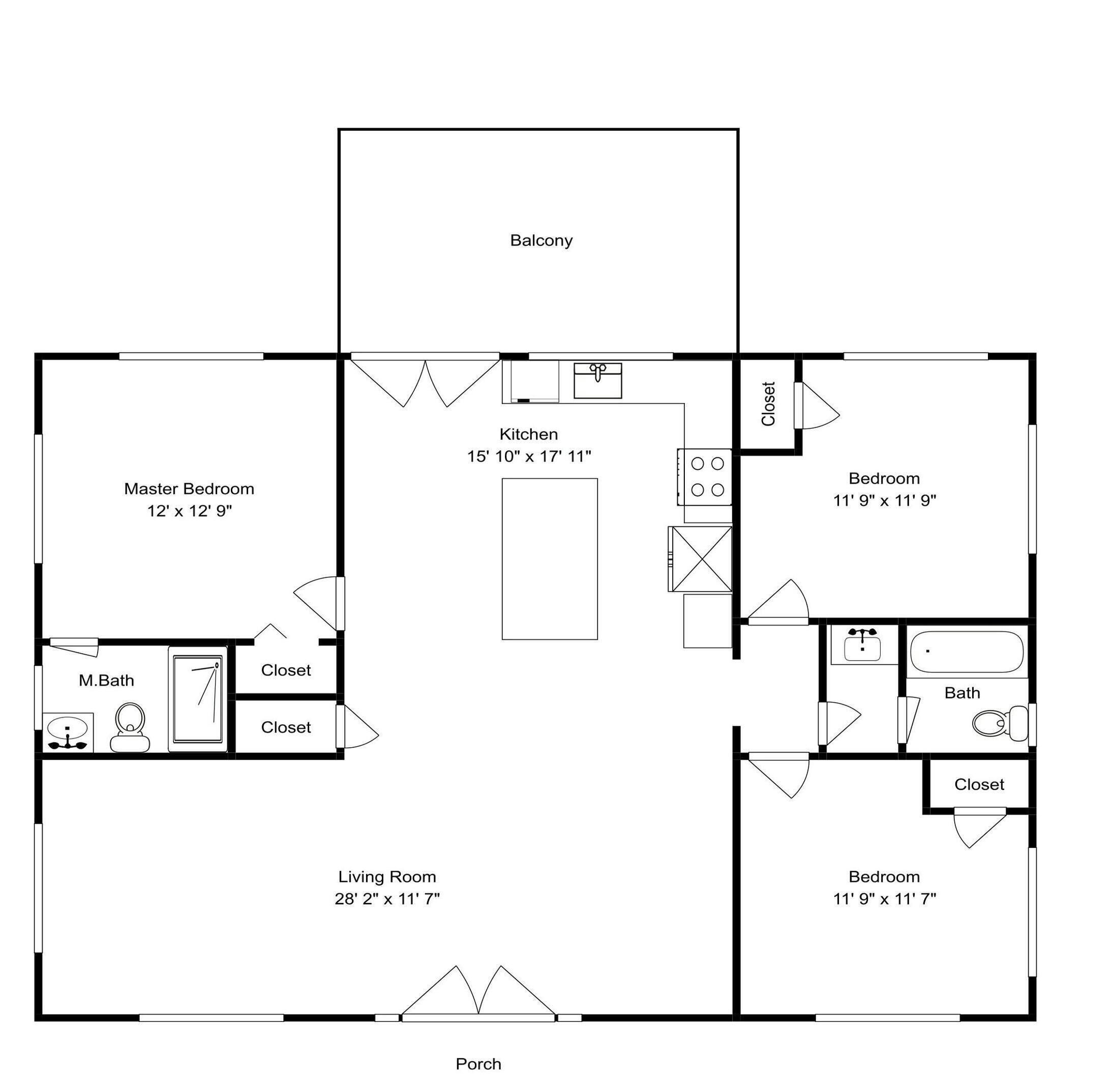 A floor plan with a master bedroom, living room, kitchen, two bedrooms, two bathrooms, a balcony, and a porch.