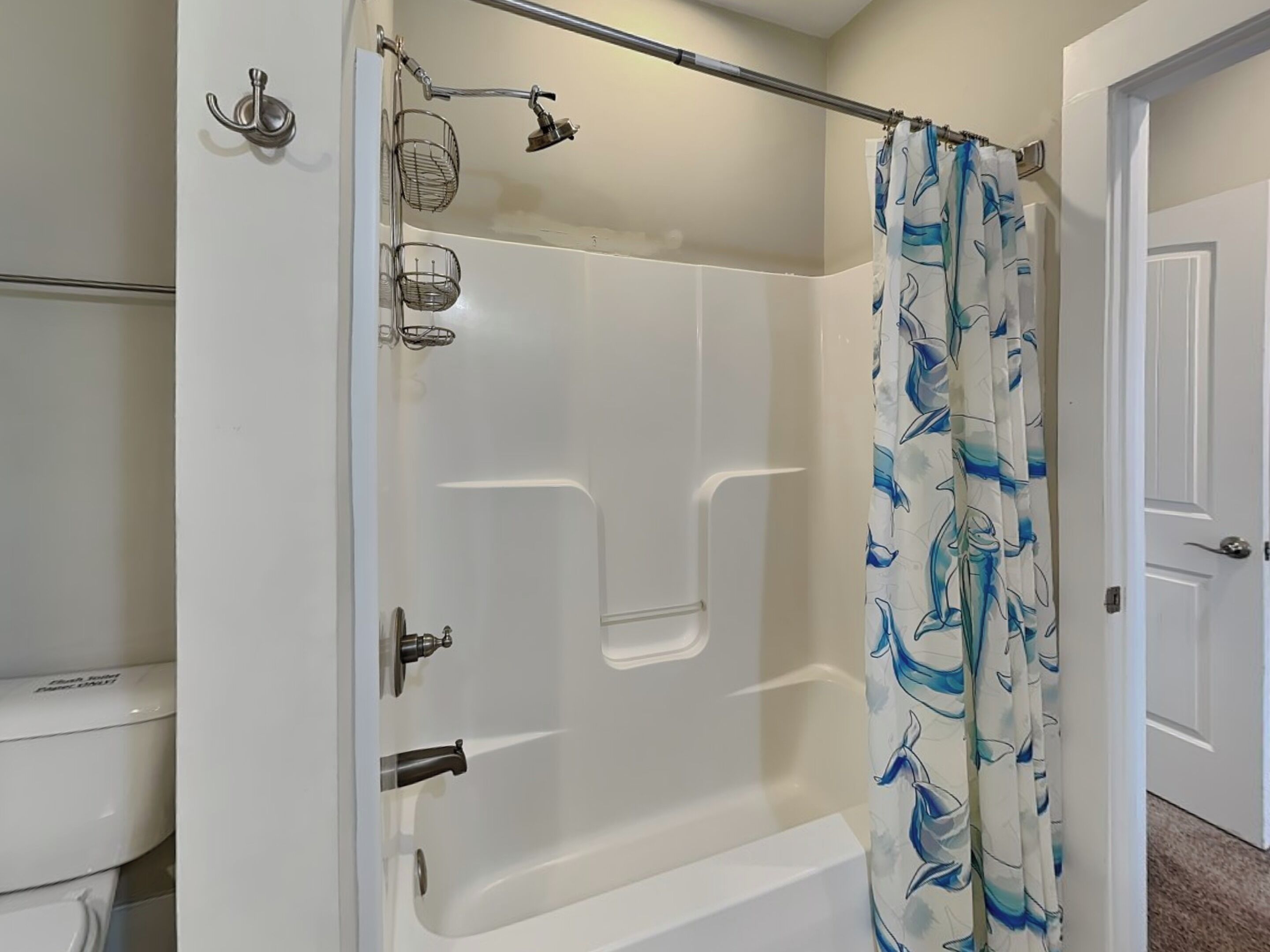 Une salle de bain avec une douche à l’italienne, des toilettes et une porte.