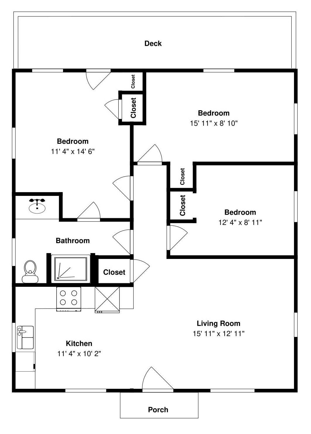 Plano de planta que muestra un dormitorio, baño, cocina, sala de estar y porche.