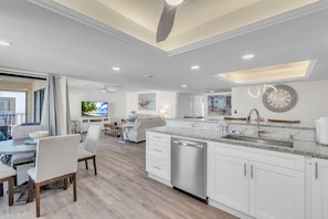 A modern kitchen with white cabinetry, a stainless steel dishwasher, and a large island with a sink.