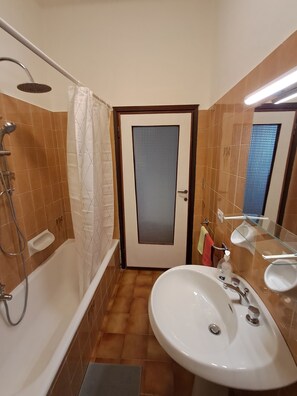 Hair dryer, bidet, towels, soap