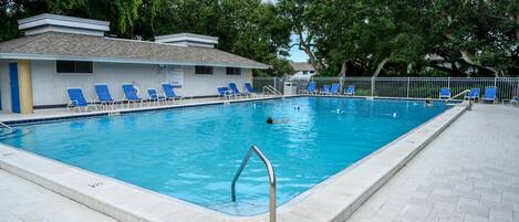 Une piscine avec des chaises longues bleues et un poste de surveillance pour les sauveteurs.