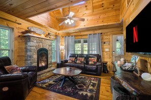 Smart TV, fireplace, books