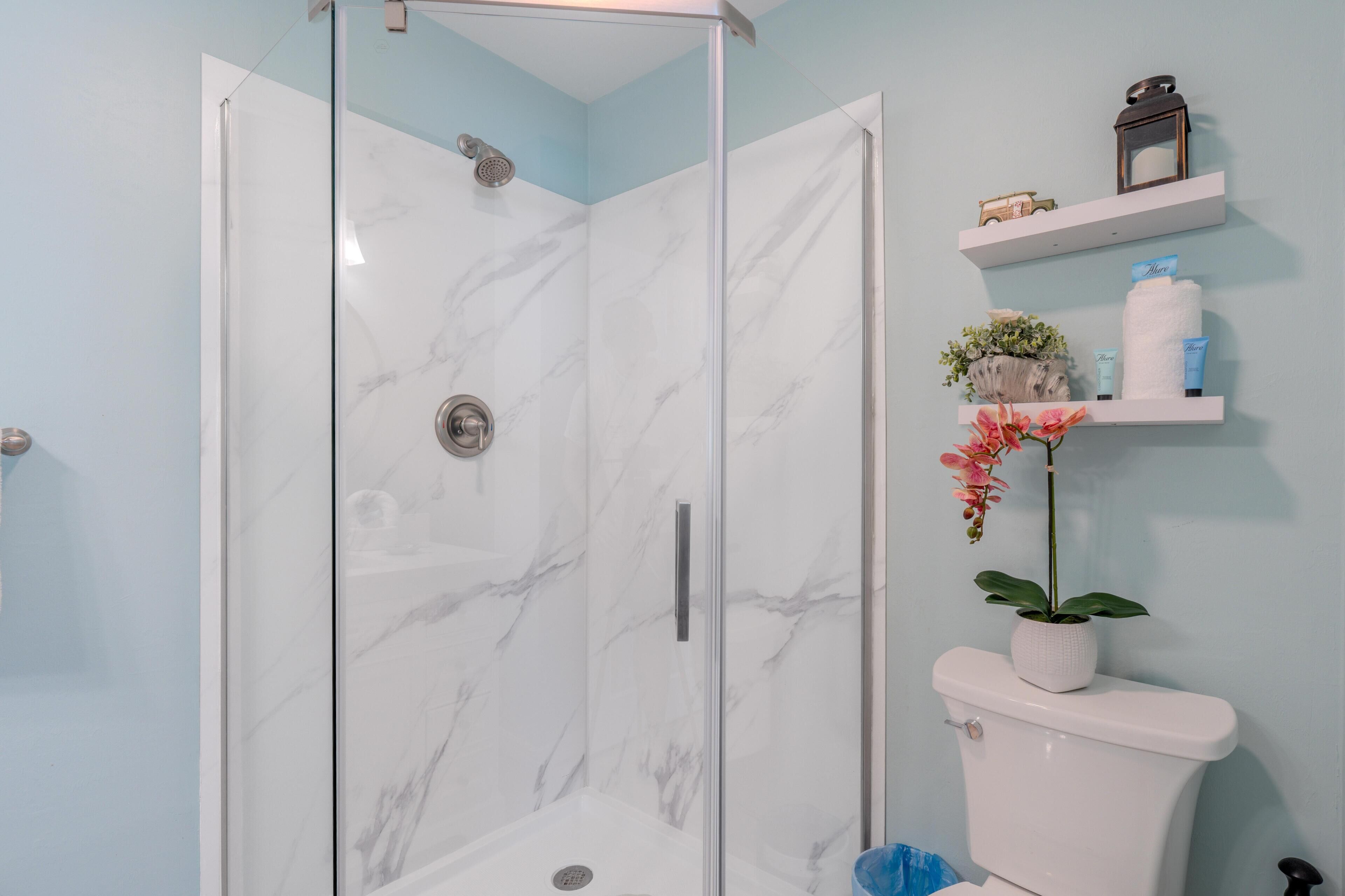 Un baño con ducha de mampara de vidrio, inodoro y estante con artículos de aseo personal y una planta en maceta.