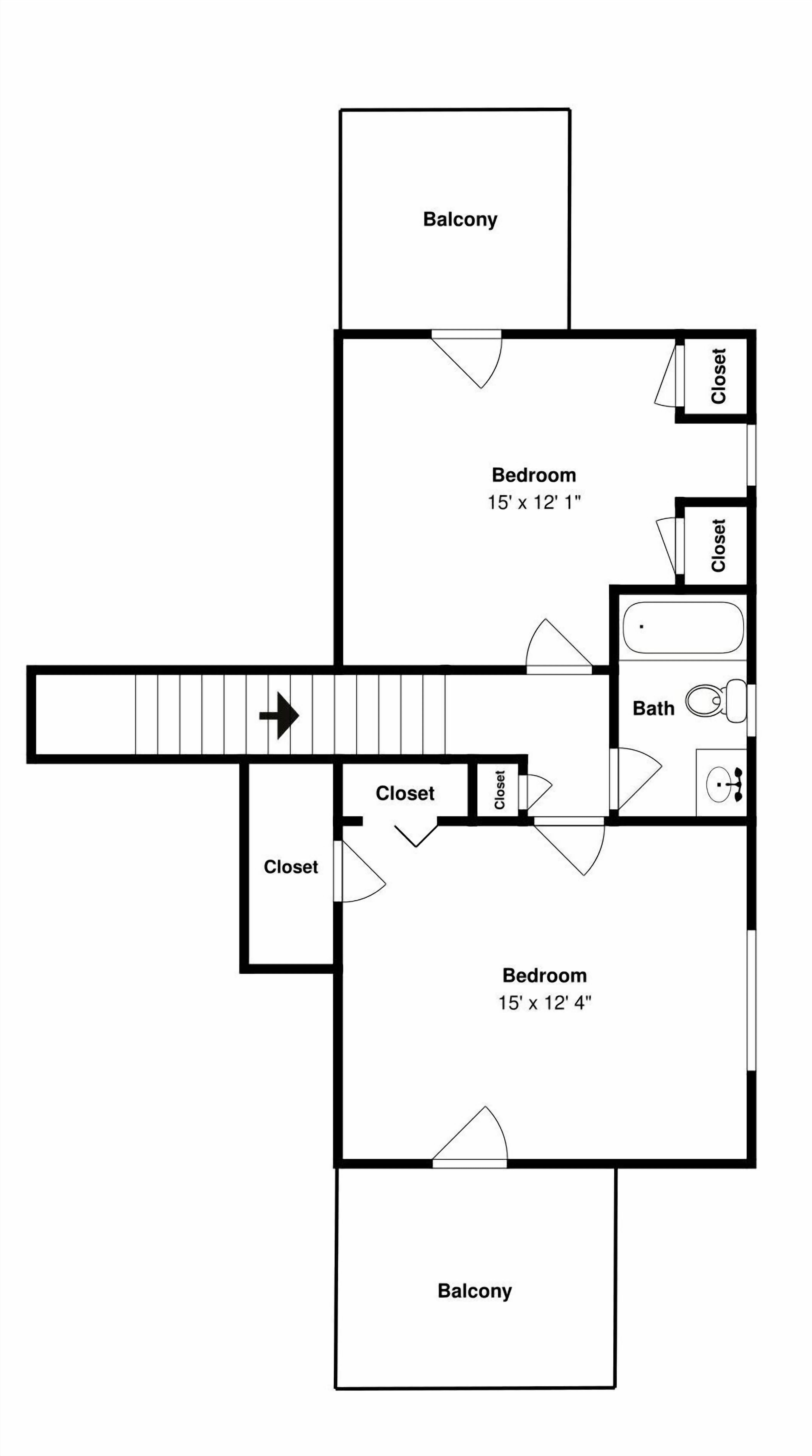 Ein Grundriss mit zwei Schlafzimmern, einem Badezimmer, einem Kleiderschrank und einem Balkon.