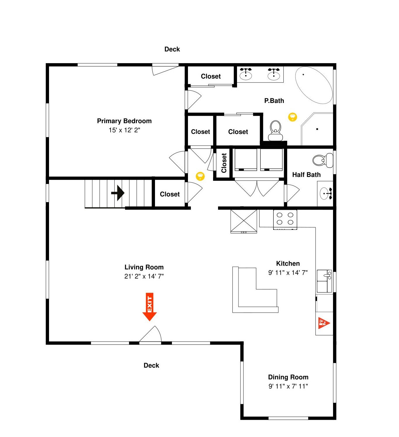 A floor plan with a primary bedroom, living room, kitchen, dining room, and a half bathroom.