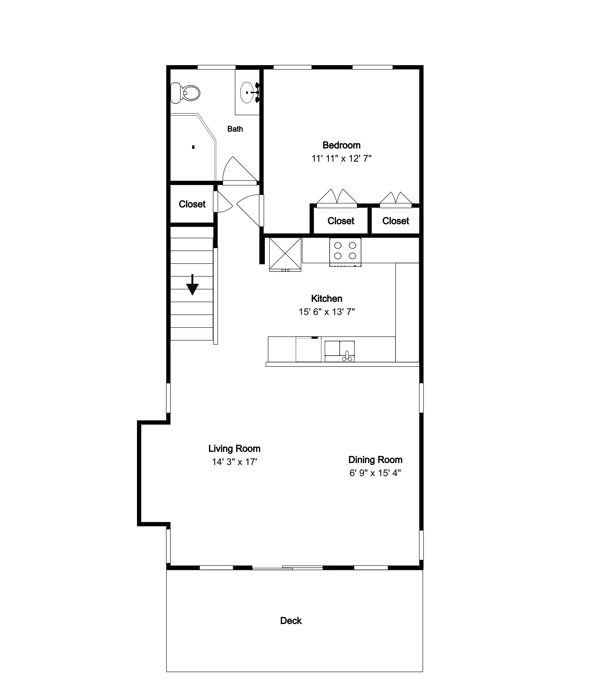 Plano de planta que muestra un dormitorio, sala de estar, comedor, cocina y terraza.