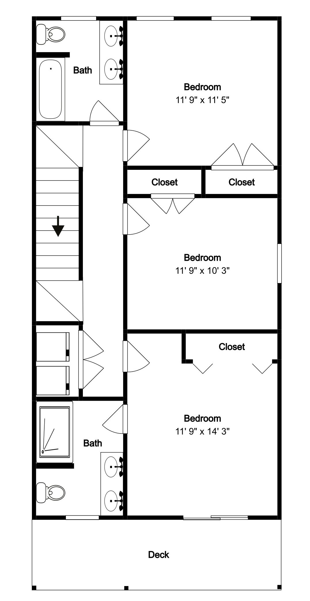 A floor plan with three bedrooms, two bathrooms, and two closets.