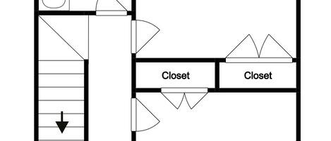 A floor plan with three bedrooms, two bathrooms, and two closets.