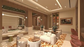 A modern interior with a sofa, chairs, a coffee table, a bookshelf, and a painting. - ÉRA Hotel Heraklion, Tapestry Collection by Hilton (Heraklion)