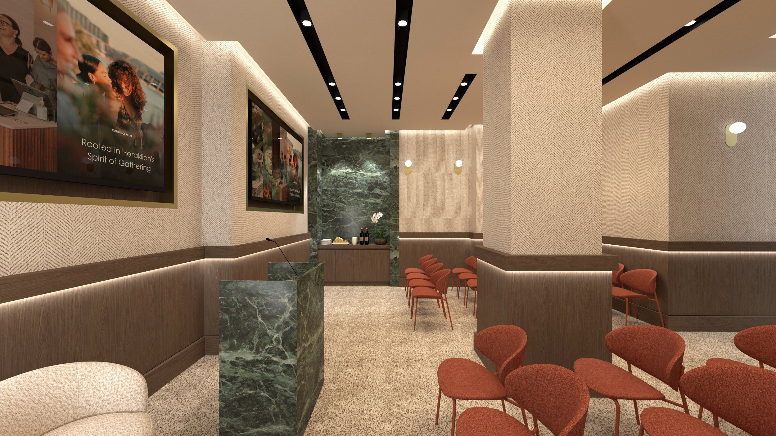 A modern interior with a reception desk, seating area, and a large poster on the wall.