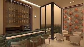 A bar area with a marble countertop, bar stools, a coffee machine, and a wall-mounted liquor display.