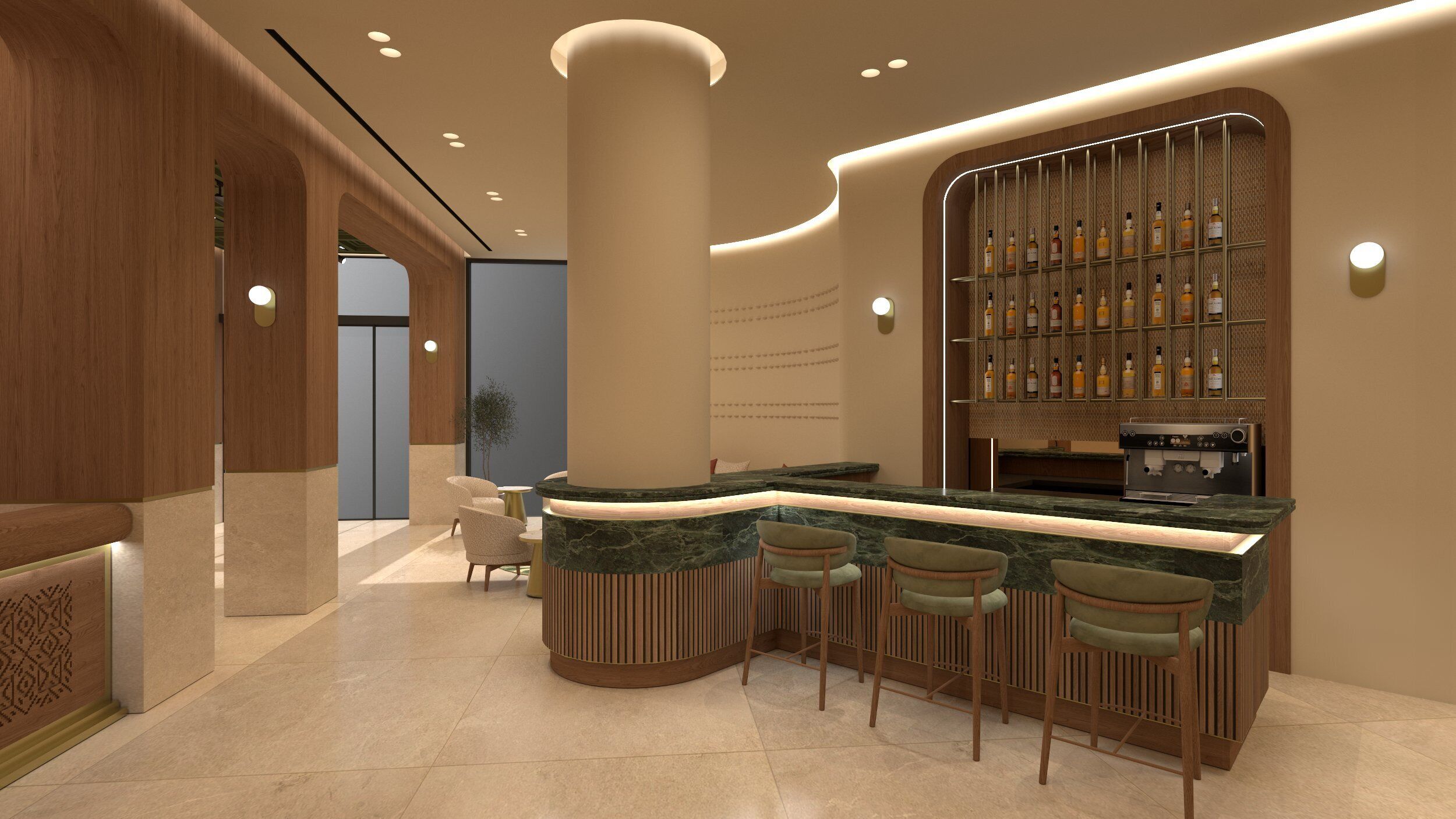 A bar area with a curved counter, bar stools, and a wine rack with bottles.