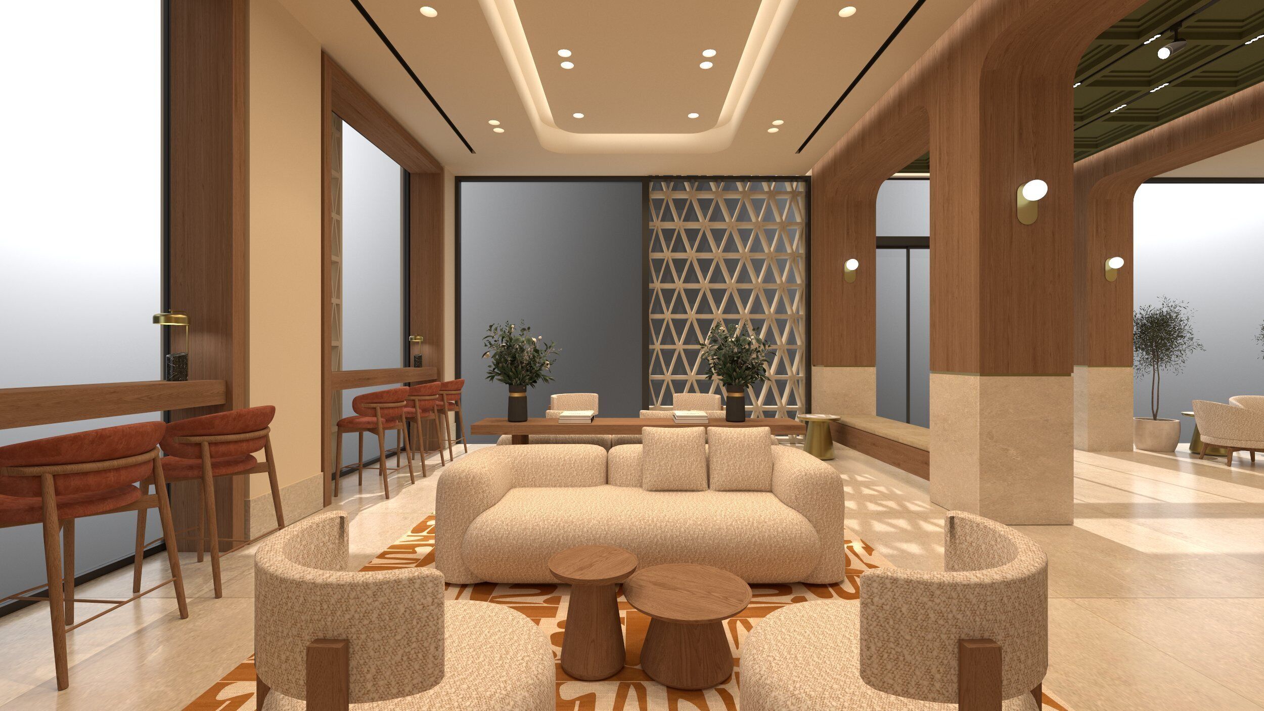 Un hall d’entrée moderne avec un canapé, des fauteuils, une table basse et un mur décoratif.