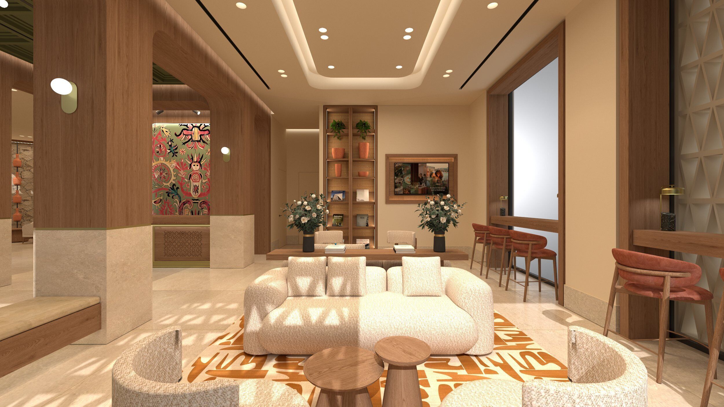 Un hall d’entrée moderne avec un canapé, des fauteuils, une bibliothèque et un tableau.