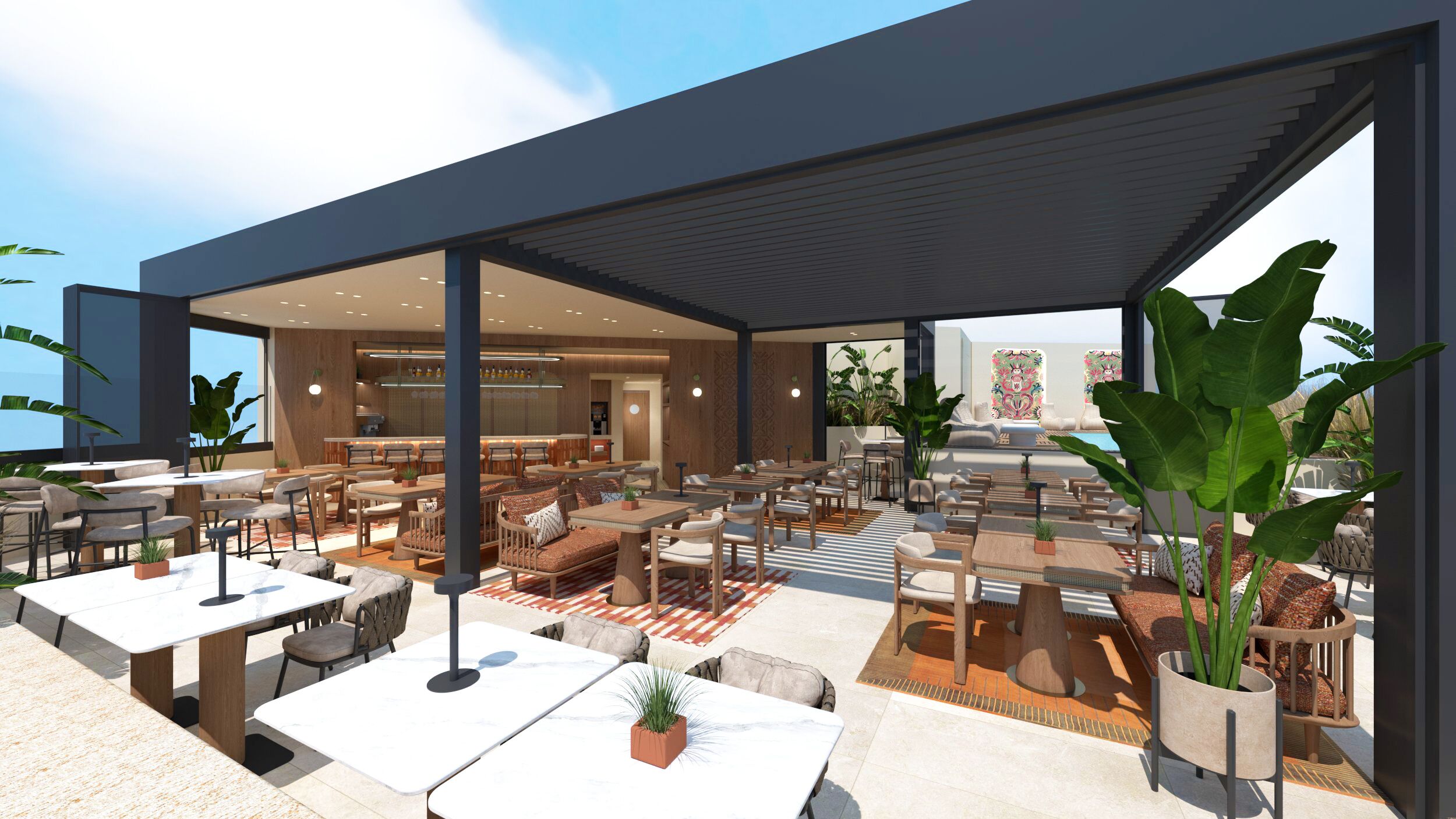 A modern outdoor dining area with tables and chairs, a bar, and large potted plants.