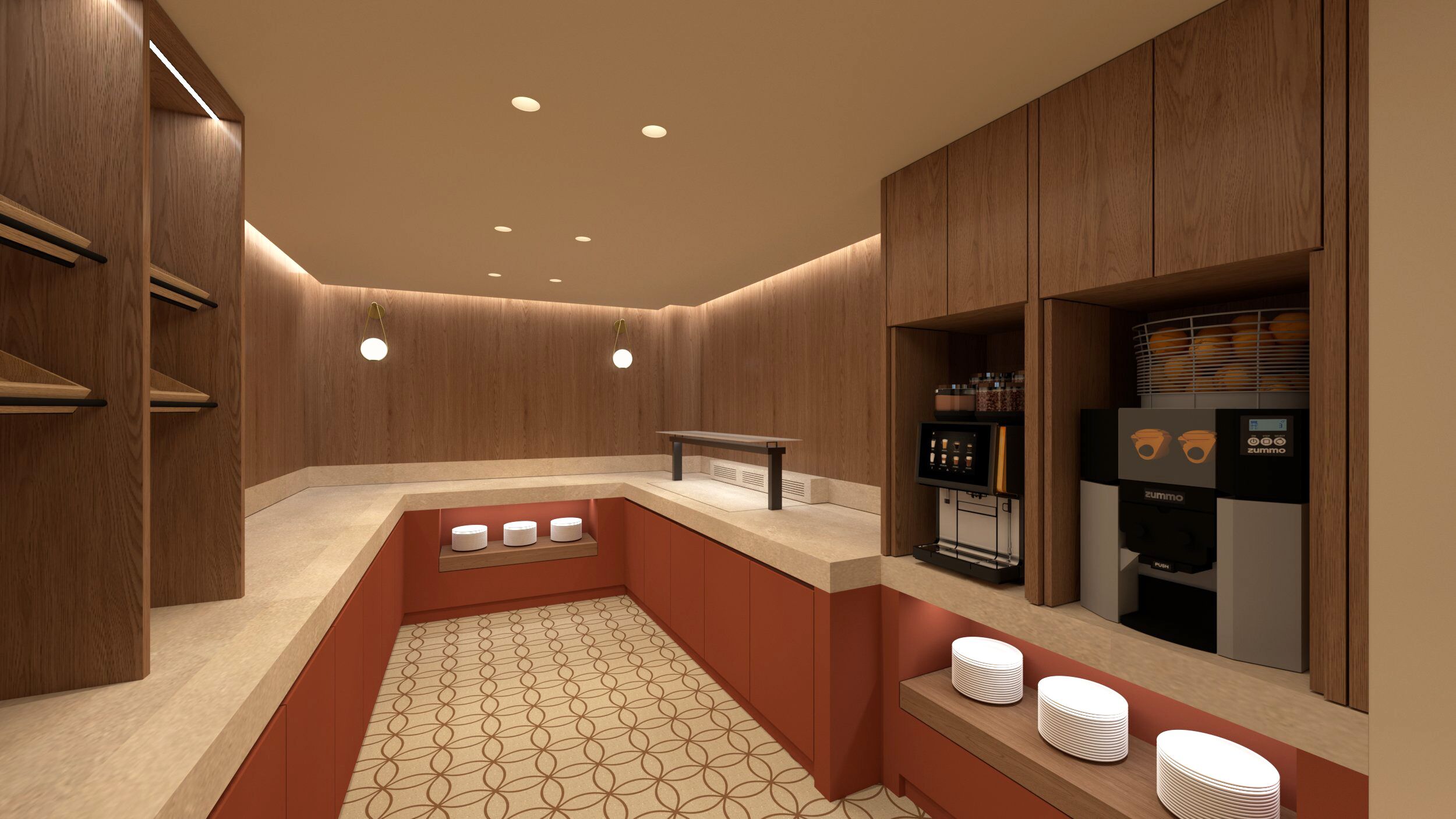 Une cuisine moderne avec des meubles en bois, un appareil à café intégré et un carrelage décoratif.