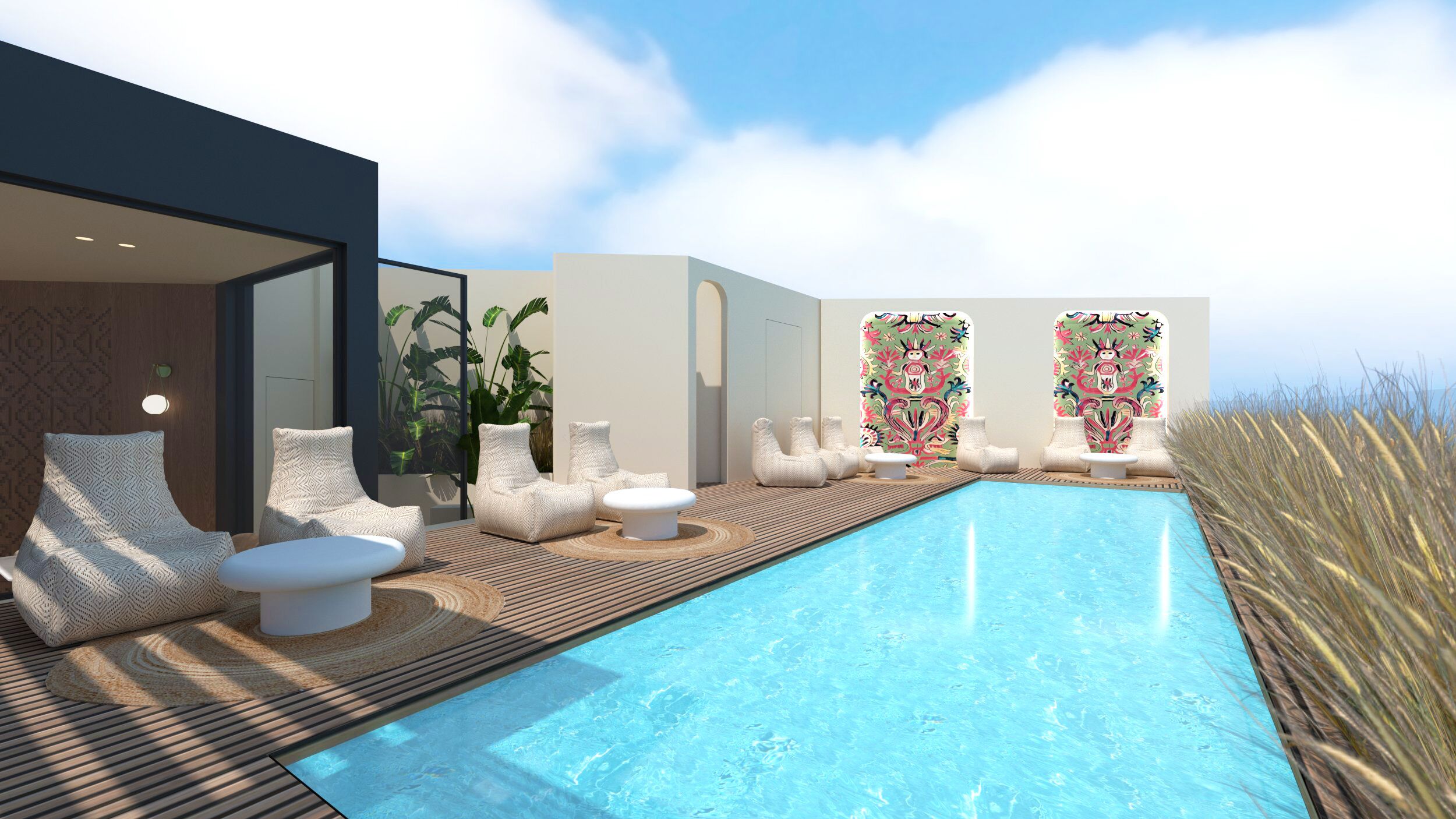 Un área de piscina exterior moderna con sillones de descanso y una terraza de madera.
