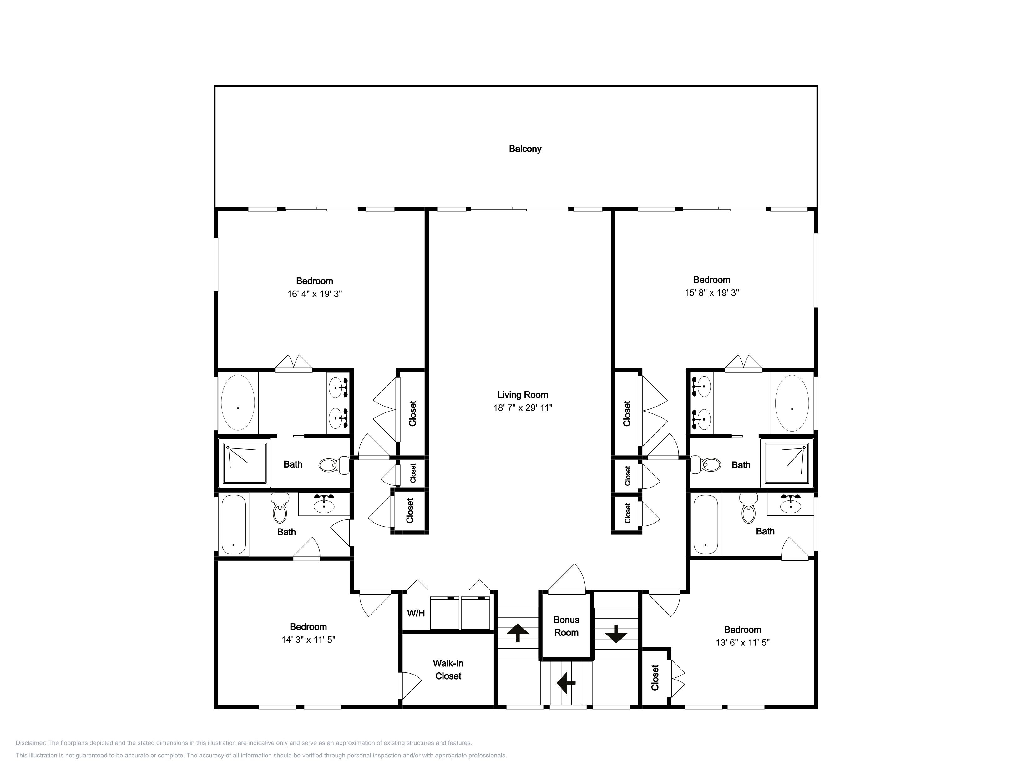 Plano de planta de un hotel con dos dormitorios, una sala de estar, dos baños, una habitación adicional y un vestidor.