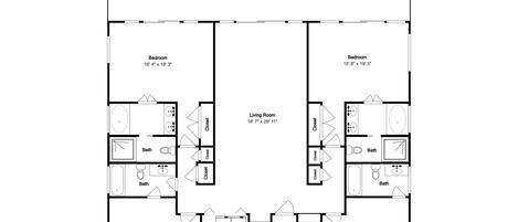 Plano de planta de un hotel con dos dormitorios, una sala de estar, dos baños, una habitación adicional y un vestidor.