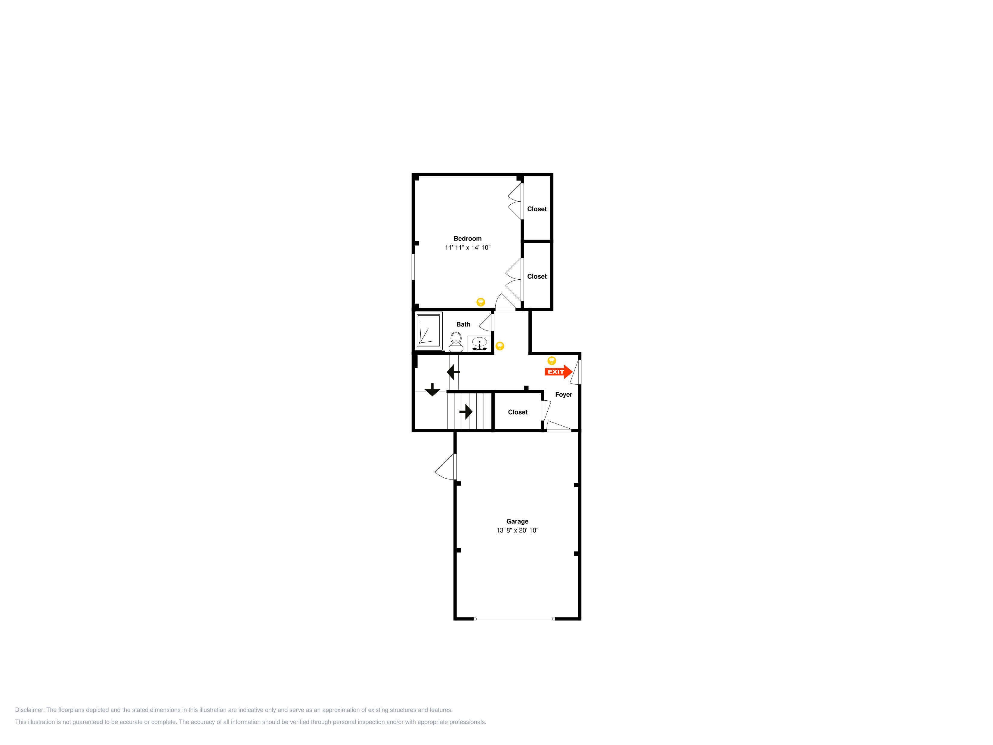 Un plan d’étage comprenant une chambre, une salle de bain, un hall d’entrée, un placard et un garage.