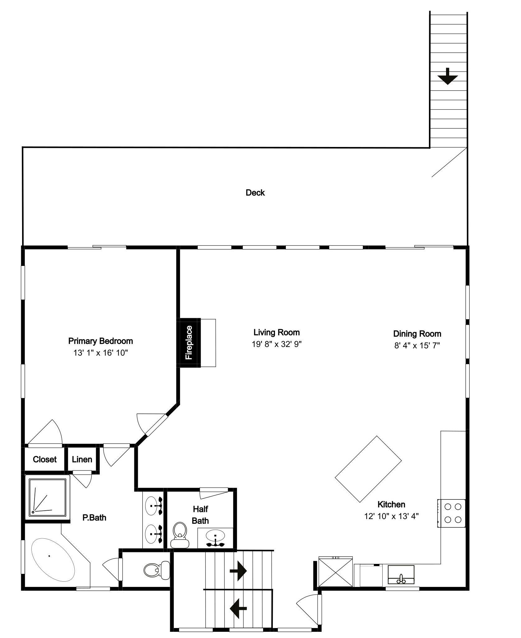 A floor plan with a primary bedroom, living room, dining room, kitchen, and a fireplace.