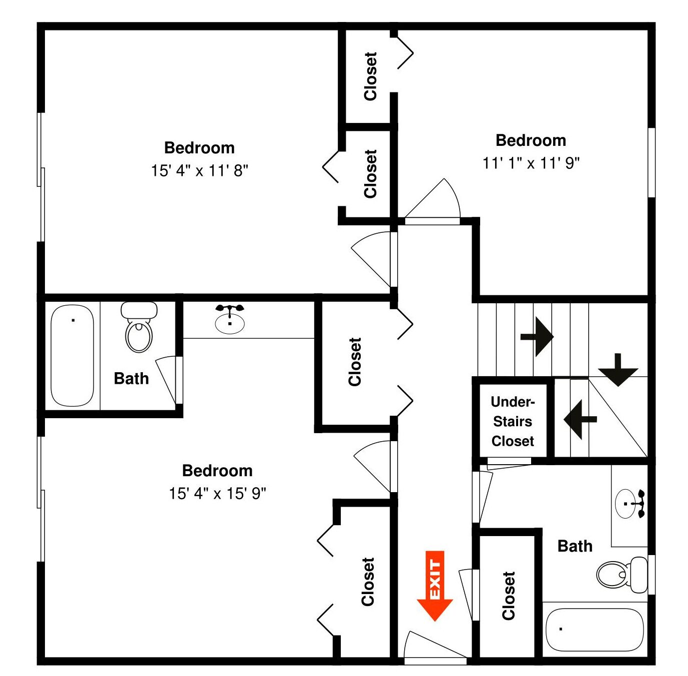 Plano de planta con tres dormitorios, dos baños y un armario debajo de las escaleras.