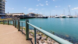 Un puerto deportivo con barcos amarrados, un paseo peatonal y edificios al fondo.