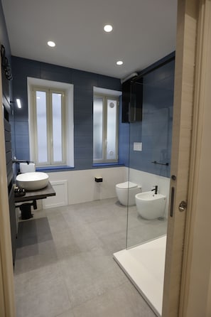 Douche, sĂšche-cheveux, bidet, serviettes fournies