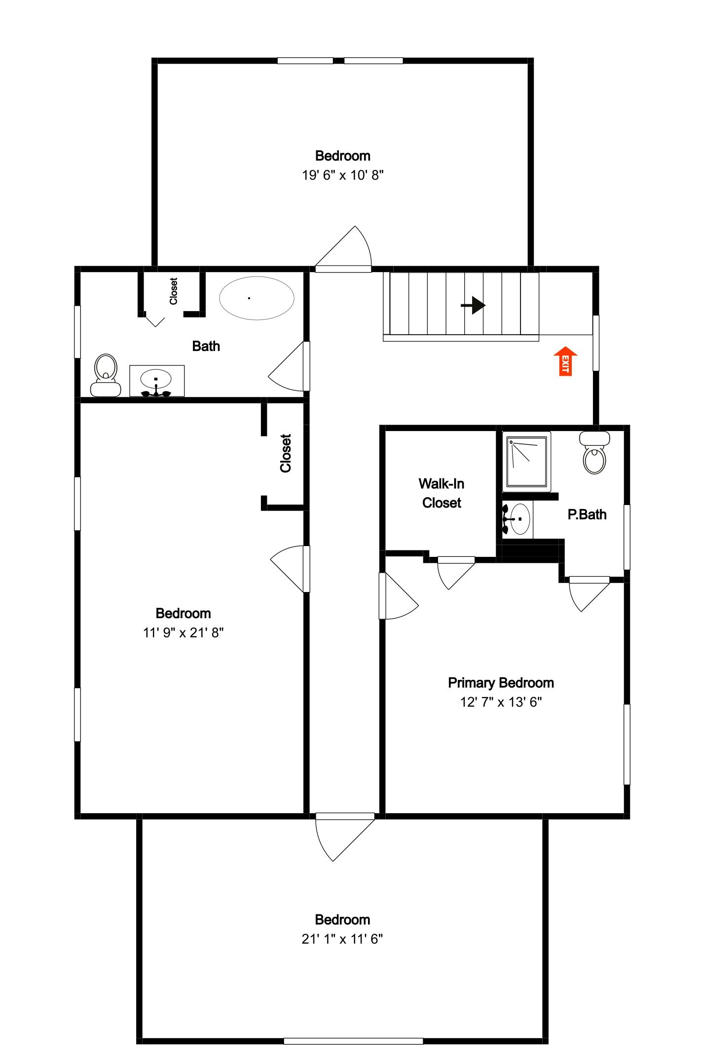 Plano de planta que muestra tres dormitorios, un vestidor y un dormitorio principal.
