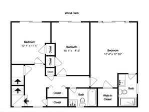 A floor plan of a hotel with three bedrooms, two closets, a bathroom, and a walk-in closet. - Paradise Palms by Topsail Realty (Holly Ridge)