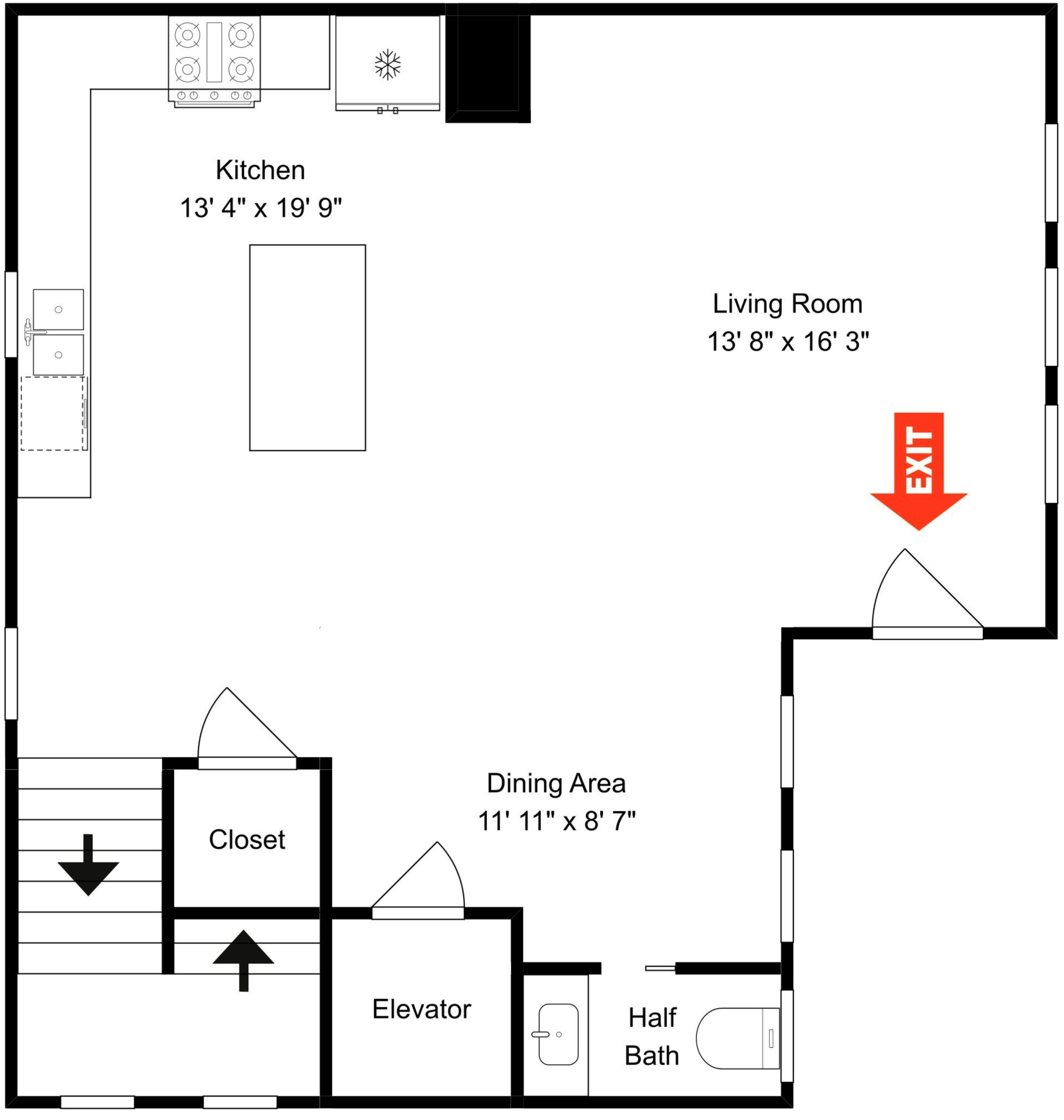 A floor plan with a kitchen, living room, closet, dining area, half bath, and an exit.