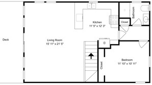 Plano de planta que muestra una terraza, sala de estar, cocina, baño, armario y dormitorio.