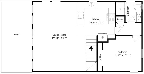 A floor plan with a deck, living room, kitchen, bathroom, and bedroom. - Some Beach by Topsail Realty (Holly Ridge)