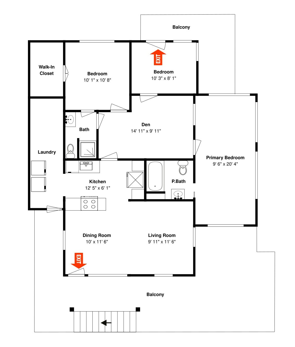 A floor plan of a hotel room with a balcony, a walk-in closet, two bedrooms, a bathroom, a kitchen, a dining room, and a living room.