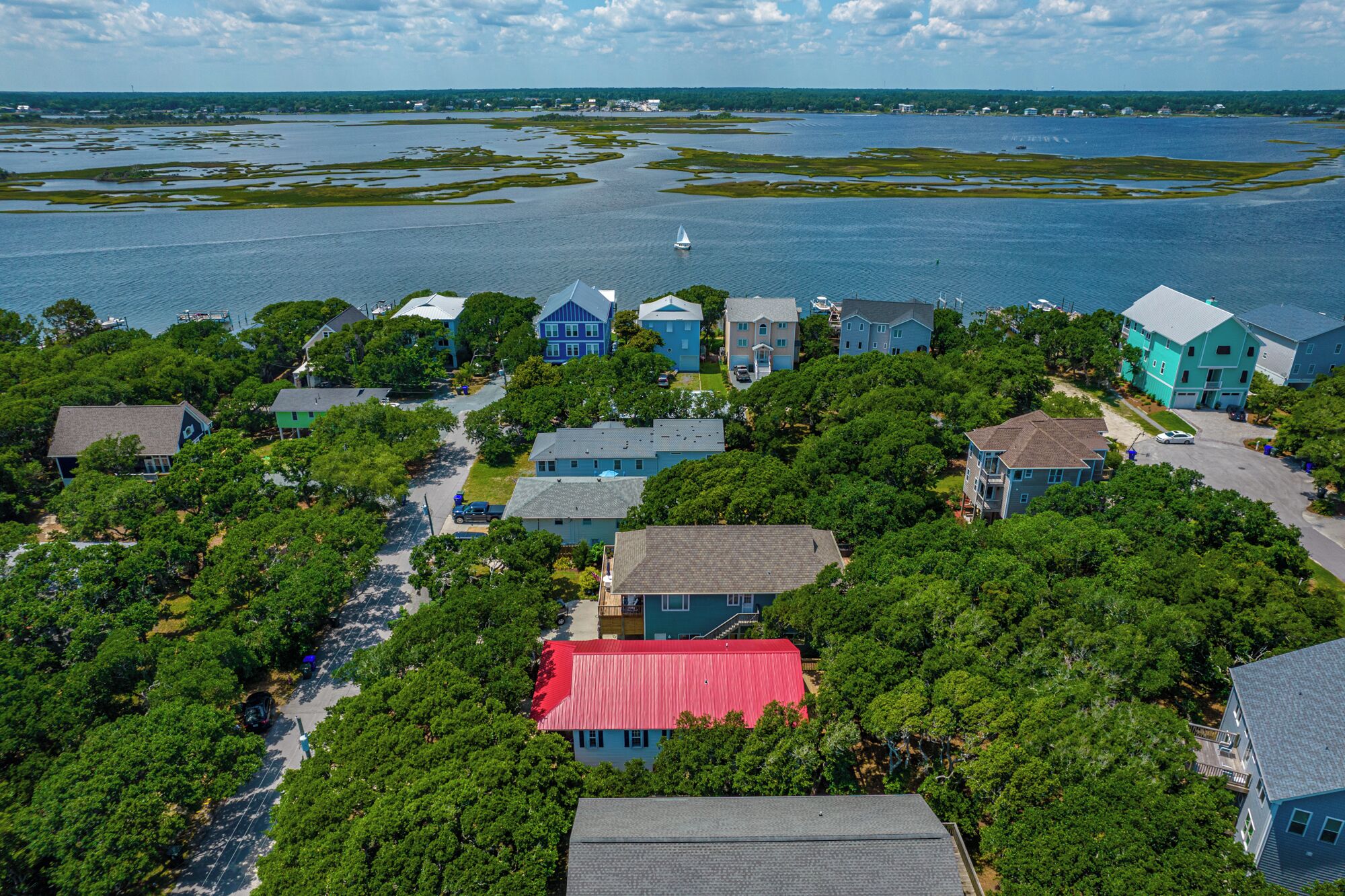A residential area with houses surrounded by dense greenery and a large body of water in the background.