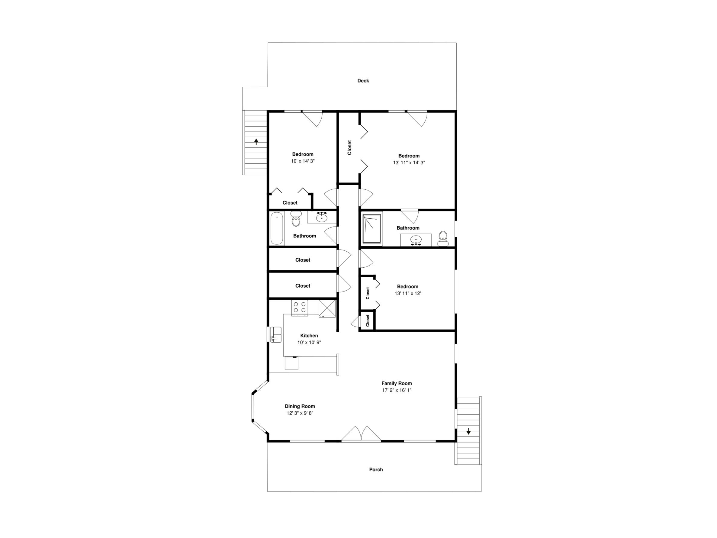 Un plan d’étage d’une maison comprenant une terrasse, deux chambres, une salle de bain, une cuisine, une salle à manger, un salon et un porche.