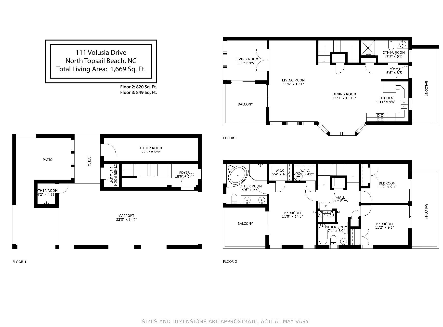 Plano de planta de una propiedad ubicada en 111 Volusia Drive, North Topsail Beach, Carolina del Norte, con una superficie habitable total de 156 metros cuadrados.