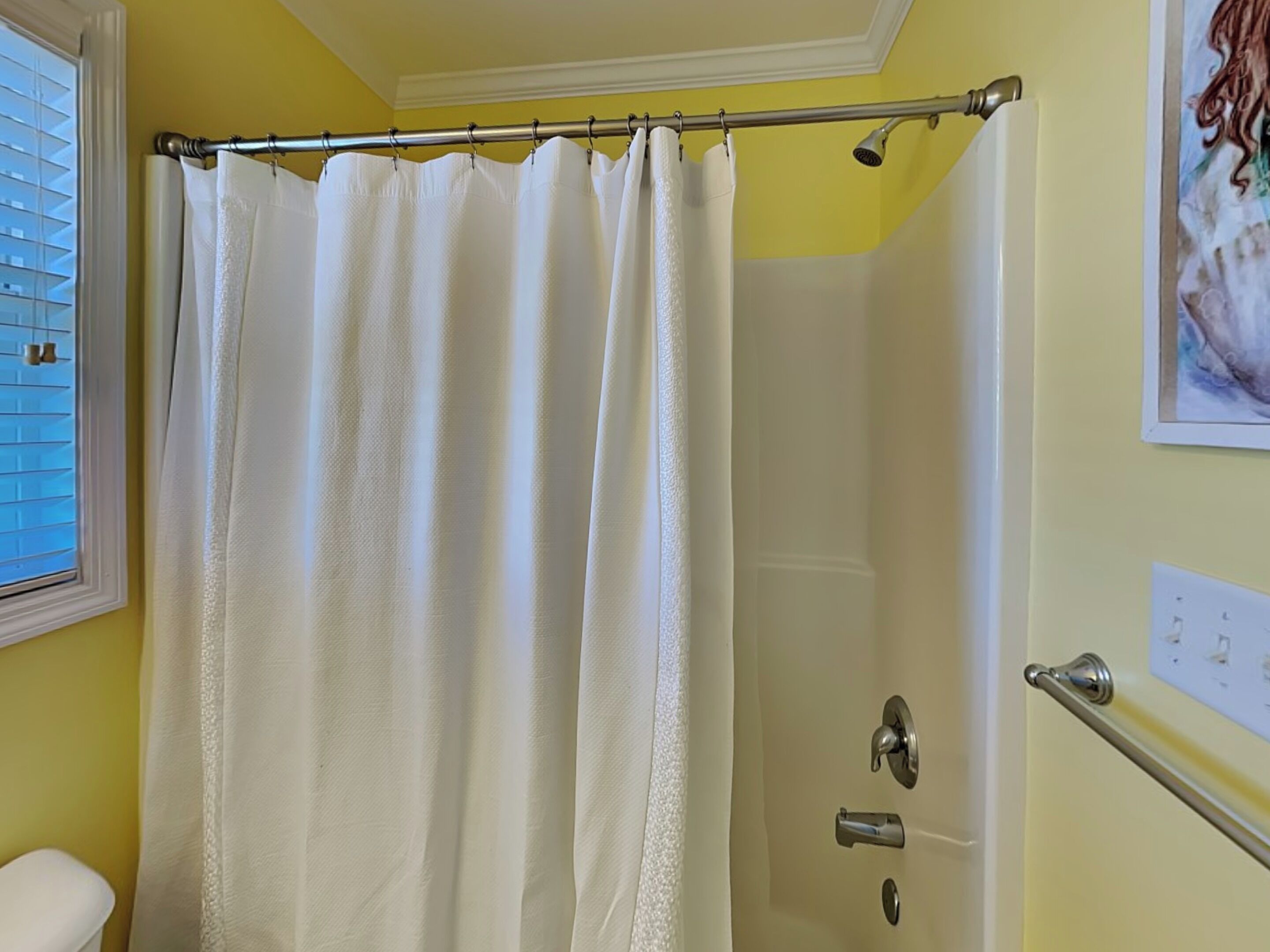 A bathroom with a shower curtain, a toilet, and a wall-mounted light switch.
