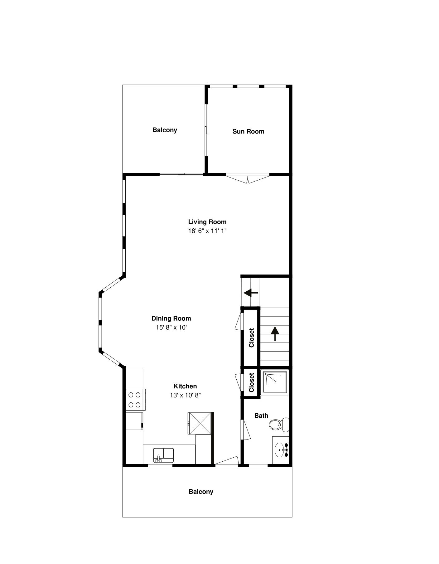 A floor plan with a living room, dining room, kitchen, bathroom, and balcony.